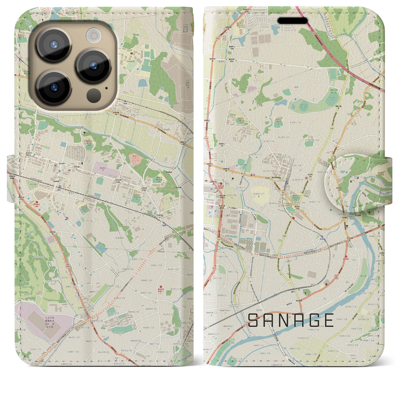 【猿投】地図柄iPhoneケース（手帳両面タイプ・ナチュラル）iPhone 14 Pro Max 用
