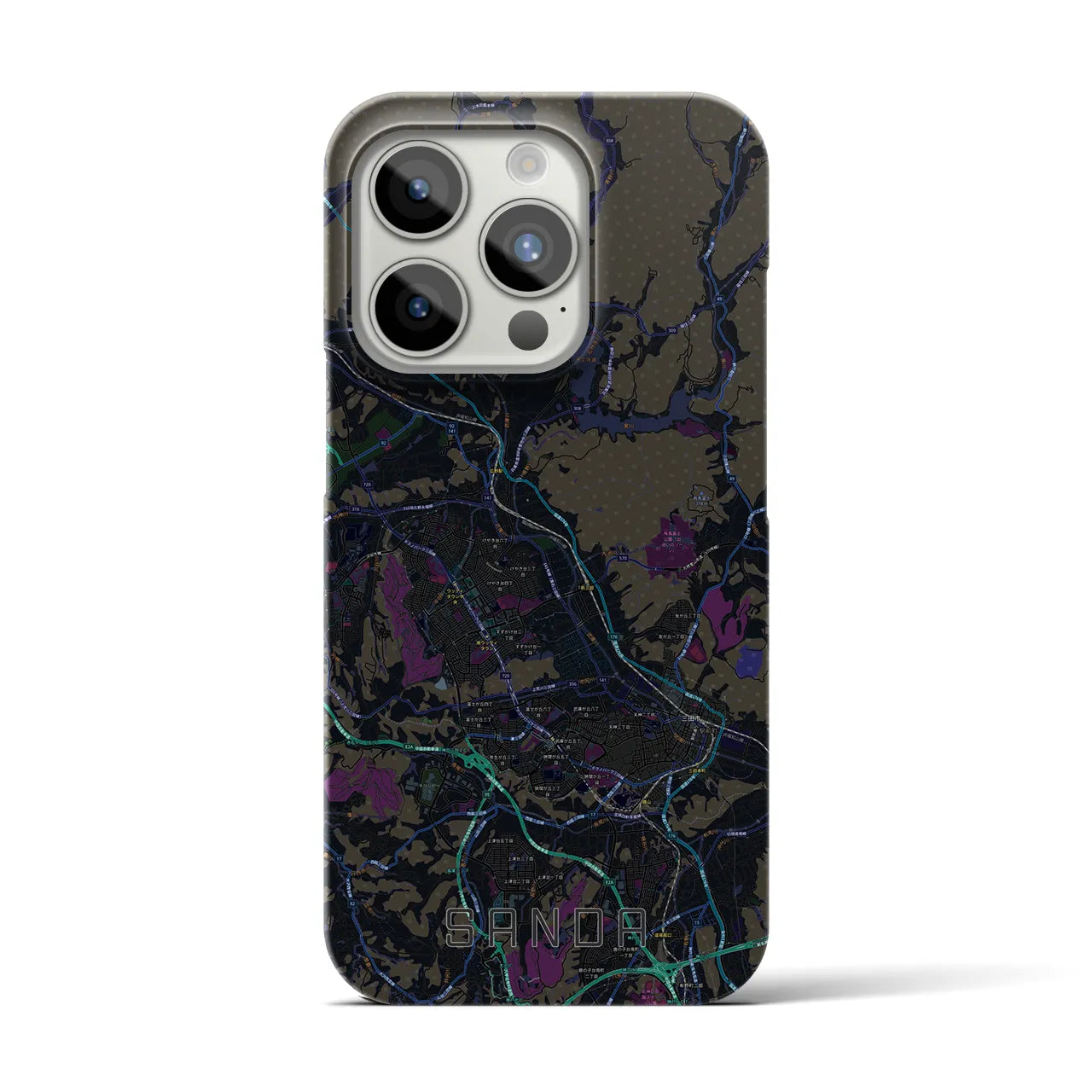 【三田】地図柄iPhoneケース（バックカバータイプ・ブラック）iPhone 15 Pro 用