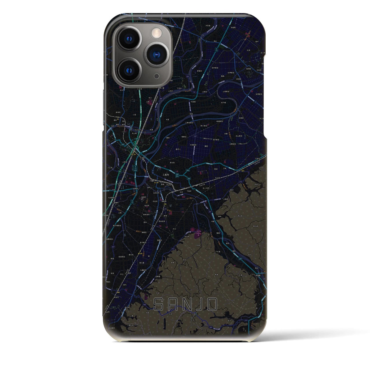 【三条（新潟県）】地図柄iPhoneケース（バックカバータイプ・ブラック）iPhone 11 Pro Max 用