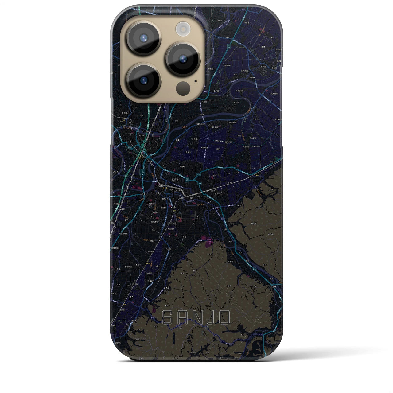 【三条（新潟県）】地図柄iPhoneケース（バックカバータイプ・ブラック）iPhone 14 Pro Max 用