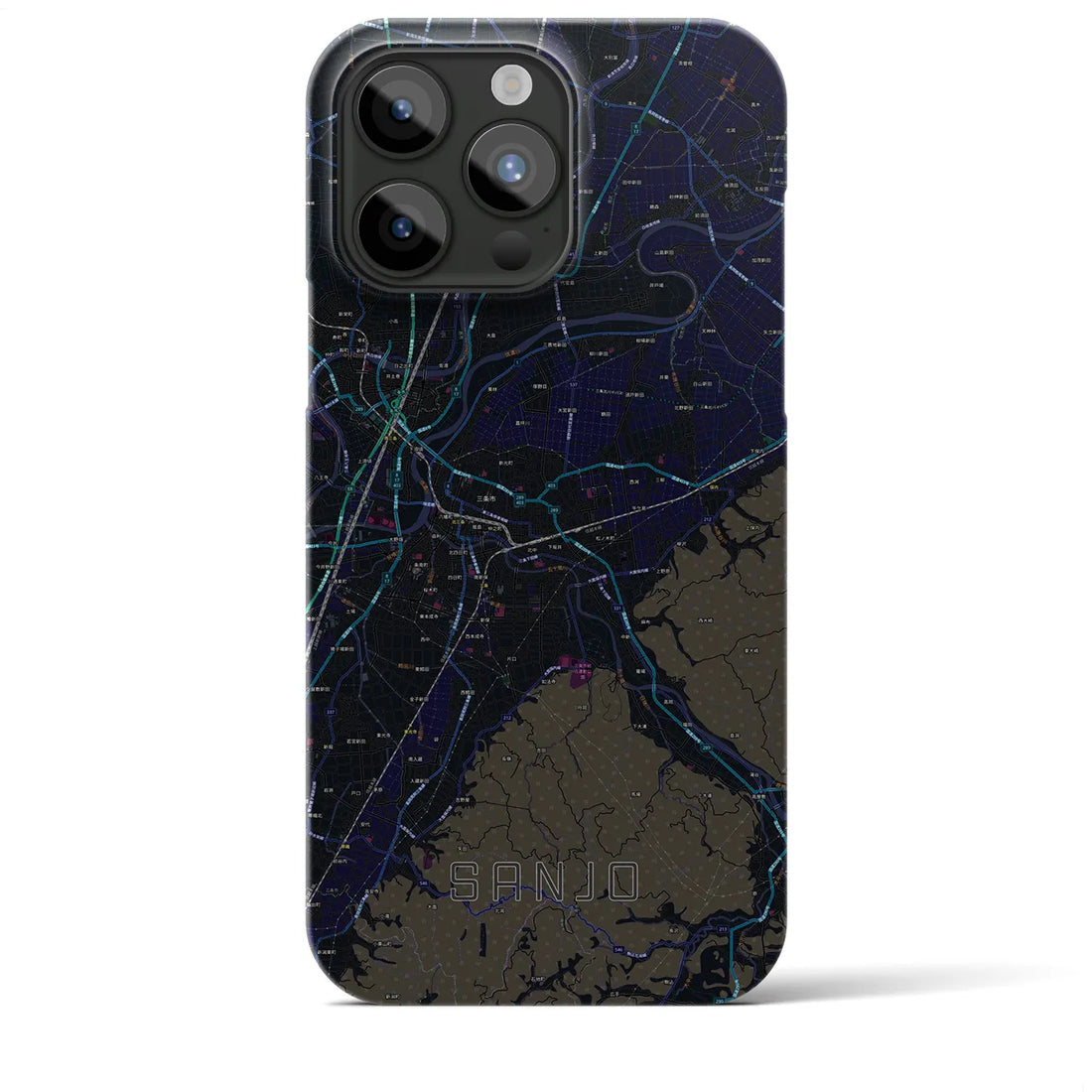 【三条（新潟県）】地図柄iPhoneケース（バックカバータイプ・ブラック）iPhone 15 Pro Max 用