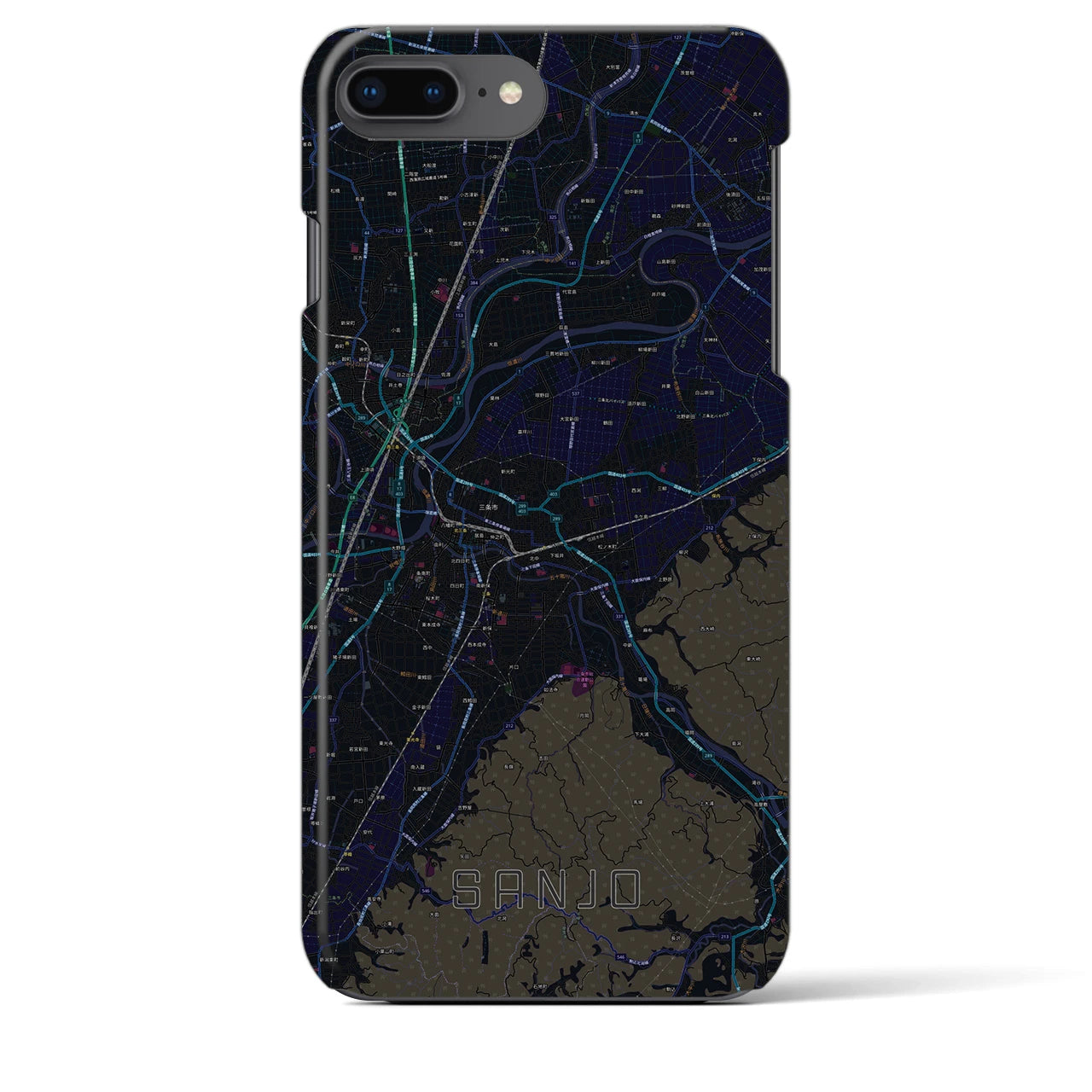 【三条（新潟県）】地図柄iPhoneケース（バックカバータイプ・ブラック）iPhone 8Plus /7Plus / 6sPlus / 6Plus 用