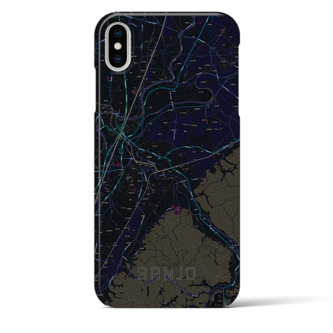 【三条（新潟県）】地図柄iPhoneケース（バックカバータイプ・ブラック）iPhone XS Max 用