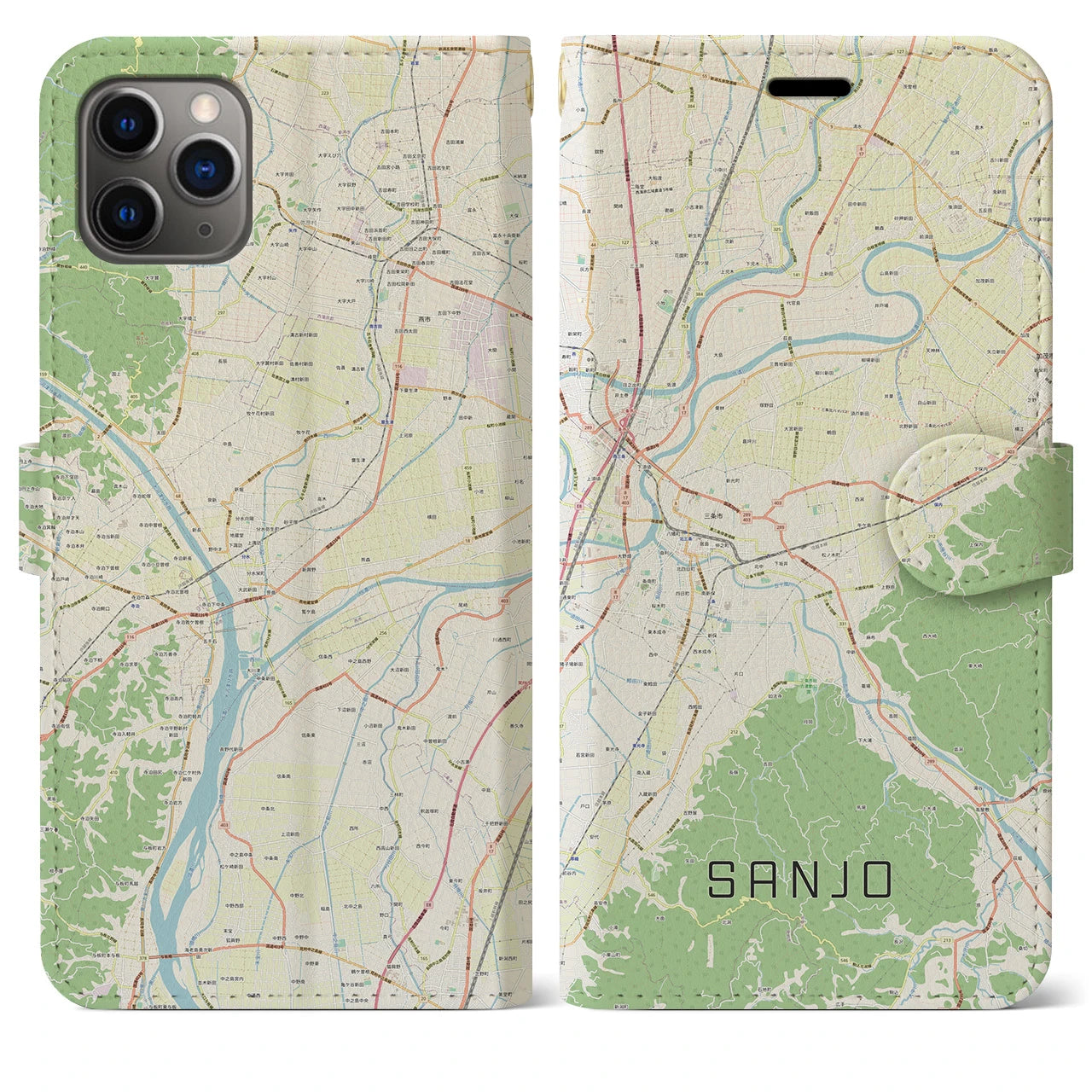【三条（新潟県）】地図柄iPhoneケース（手帳両面タイプ・ナチュラル）iPhone 11 Pro Max 用