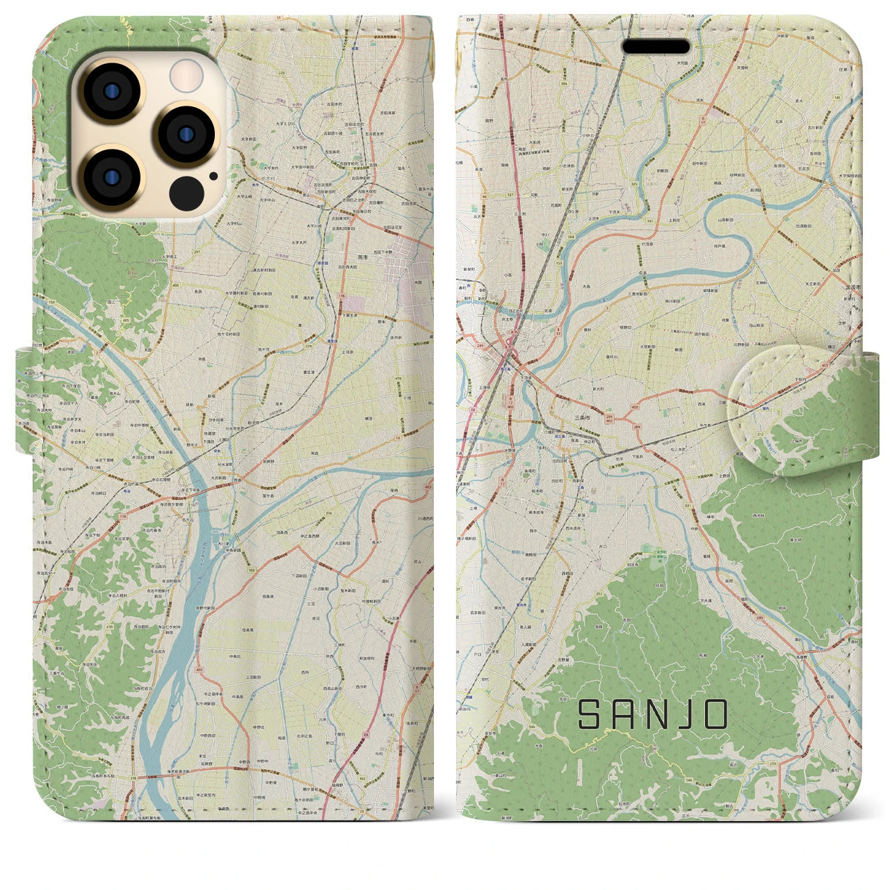 【三条（新潟県）】地図柄iPhoneケース（手帳両面タイプ・ナチュラル）iPhone 12 Pro Max 用
