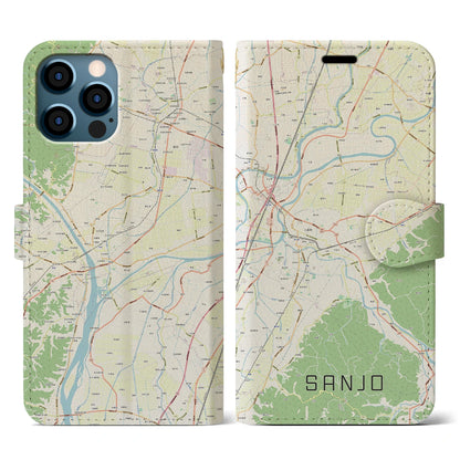 【三条（新潟県）】地図柄iPhoneケース（手帳タイプ）ナチュラル・iPhone 12 / 12 Pro 用