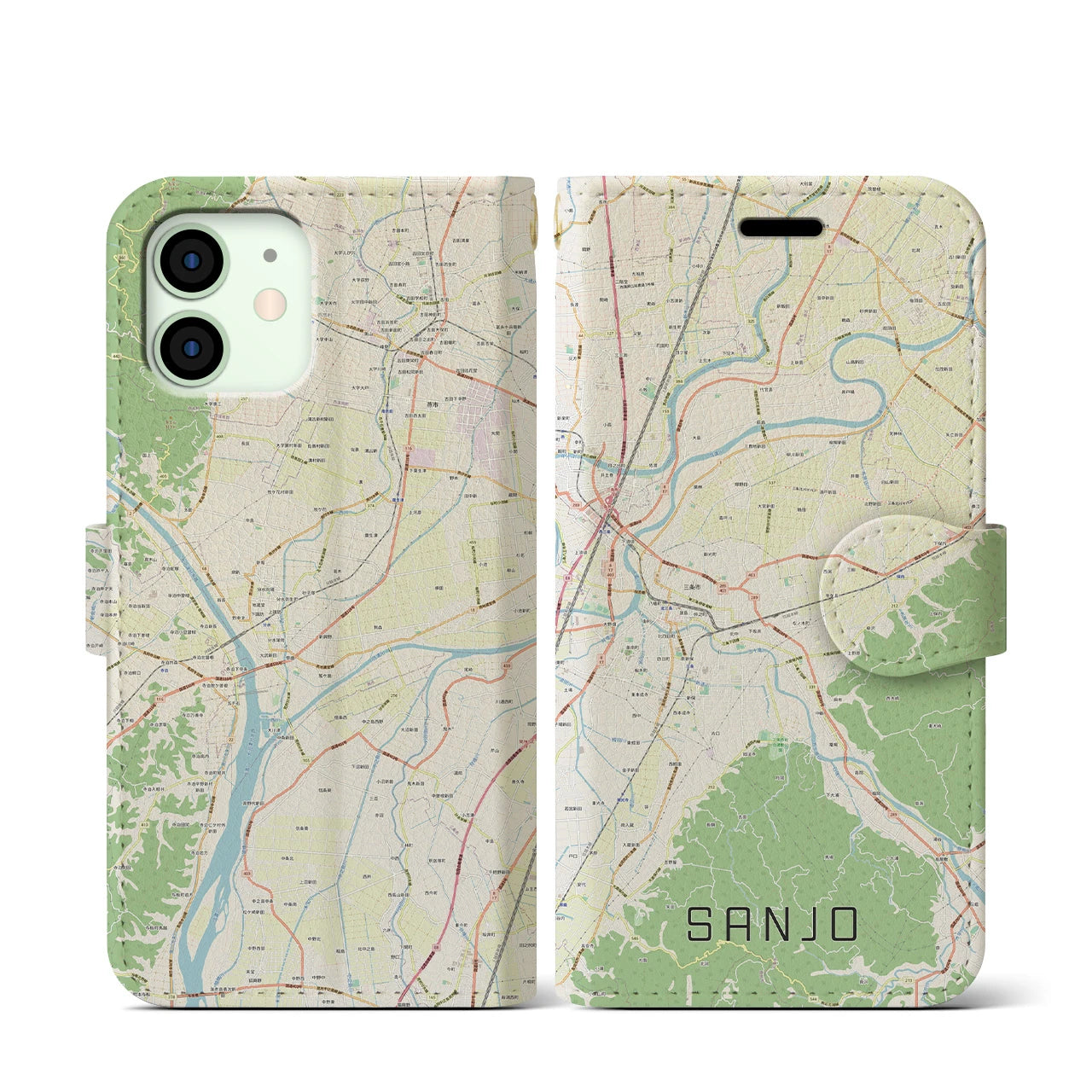 【三条（新潟県）】地図柄iPhoneケース（手帳両面タイプ・ナチュラル）iPhone 12 mini 用