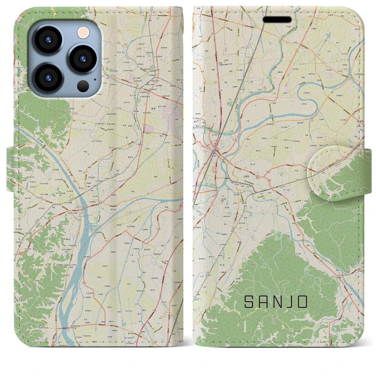 【三条（新潟県）】地図柄iPhoneケース（手帳両面タイプ・ナチュラル）iPhone 13 Pro Max 用