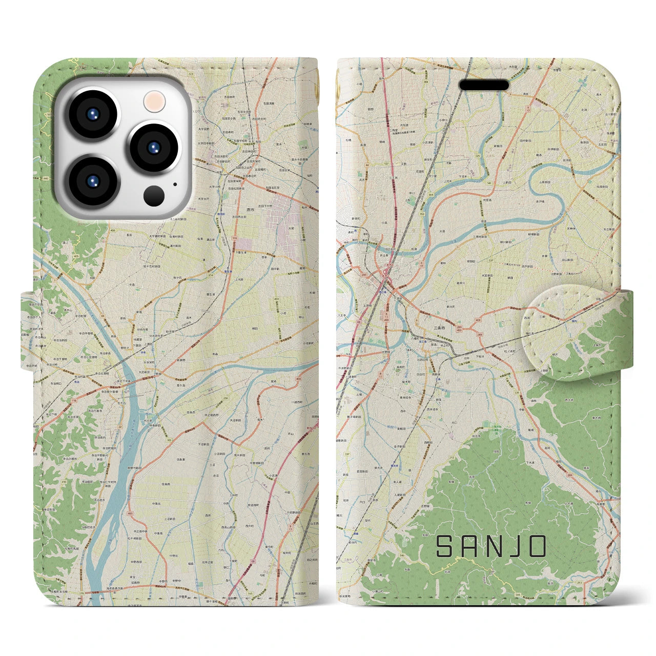 【三条（新潟県）】地図柄iPhoneケース（手帳タイプ）ナチュラル・iPhone 13 Pro 用