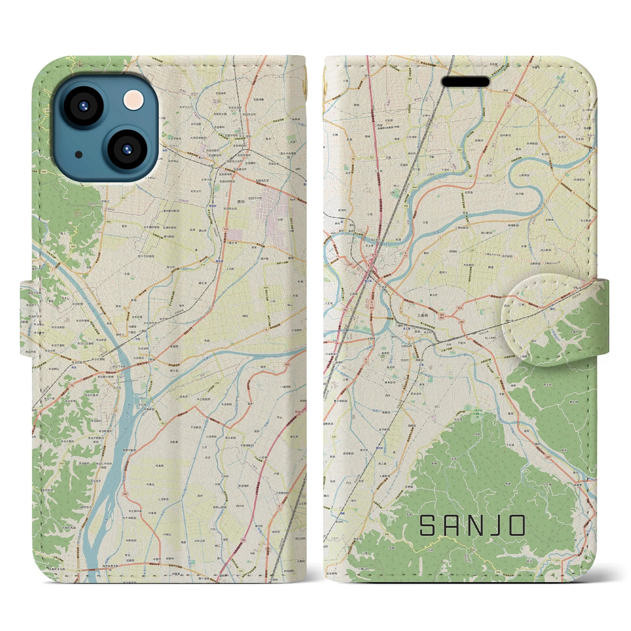 【三条（新潟県）】地図柄iPhoneケース（手帳両面タイプ・ナチュラル）iPhone 13 用
