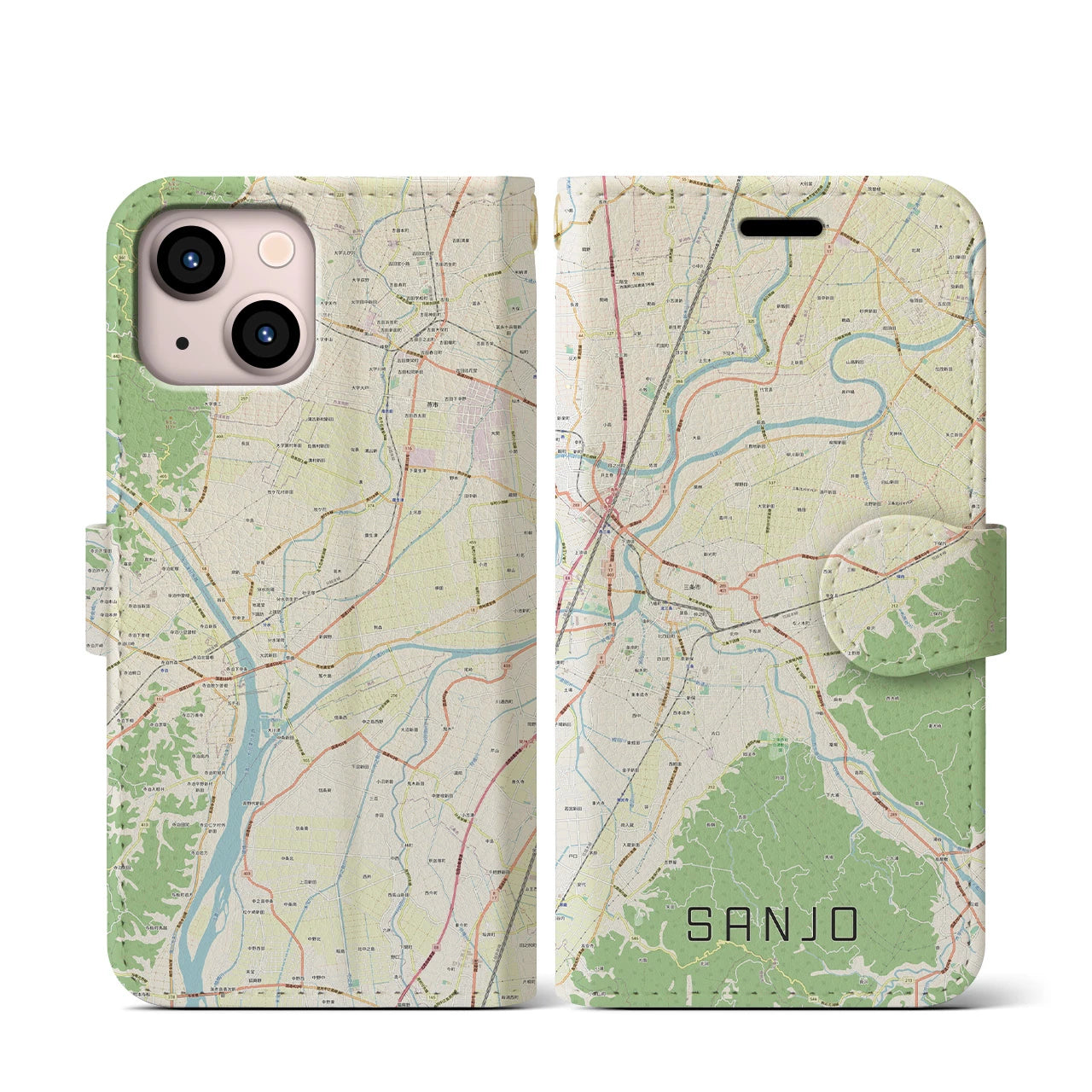 【三条（新潟県）】地図柄iPhoneケース（手帳両面タイプ・ナチュラル）iPhone 13 mini 用
