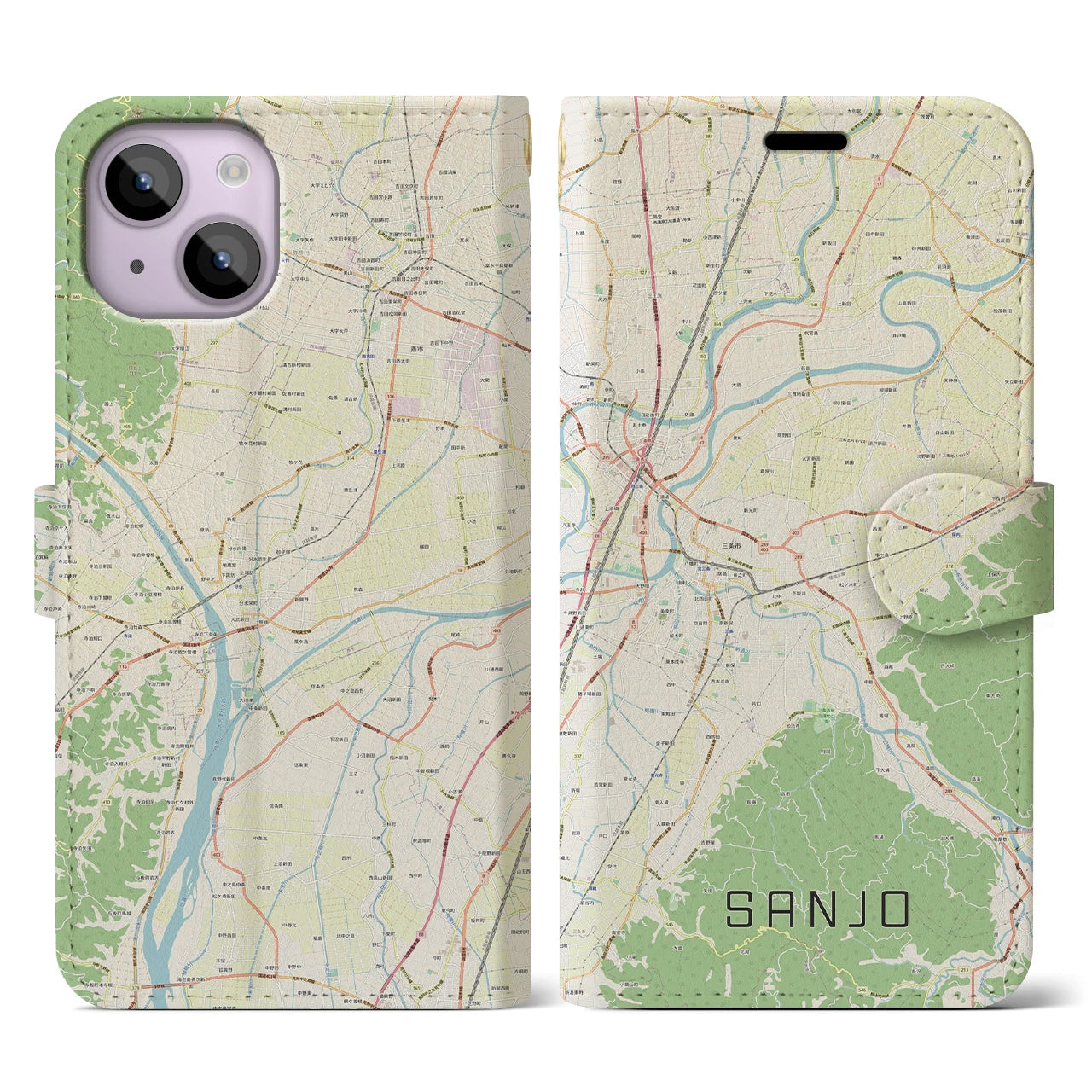 【三条（新潟県）】地図柄iPhoneケース（手帳両面タイプ・ナチュラル）iPhone 14 用