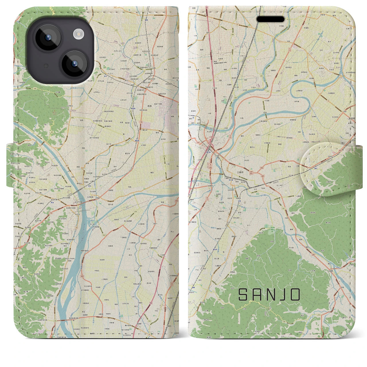 【三条（新潟県）】地図柄iPhoneケース（手帳両面タイプ・ナチュラル）iPhone 14 Plus 用