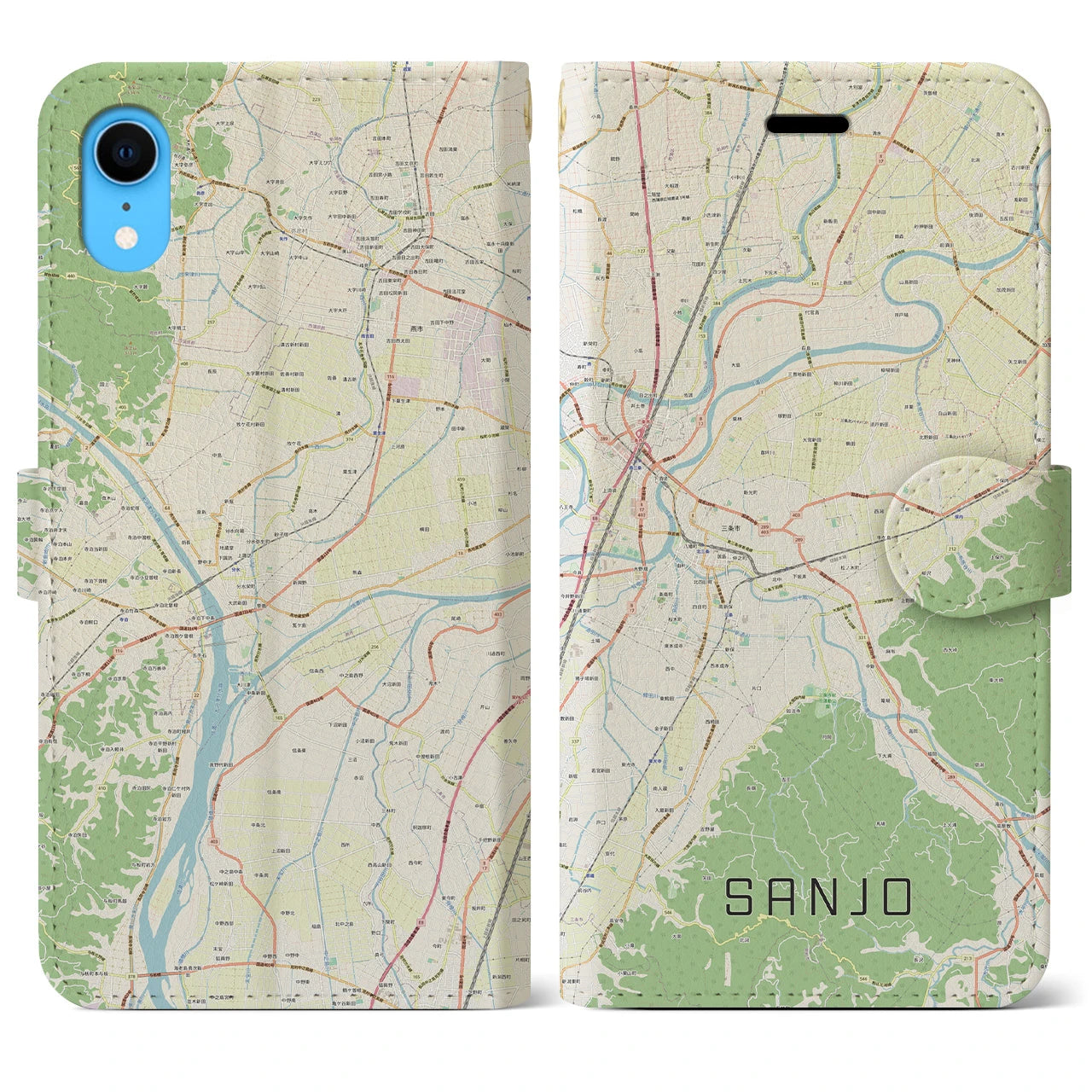 【三条（新潟県）】地図柄iPhoneケース（手帳両面タイプ・ナチュラル）iPhone XR 用