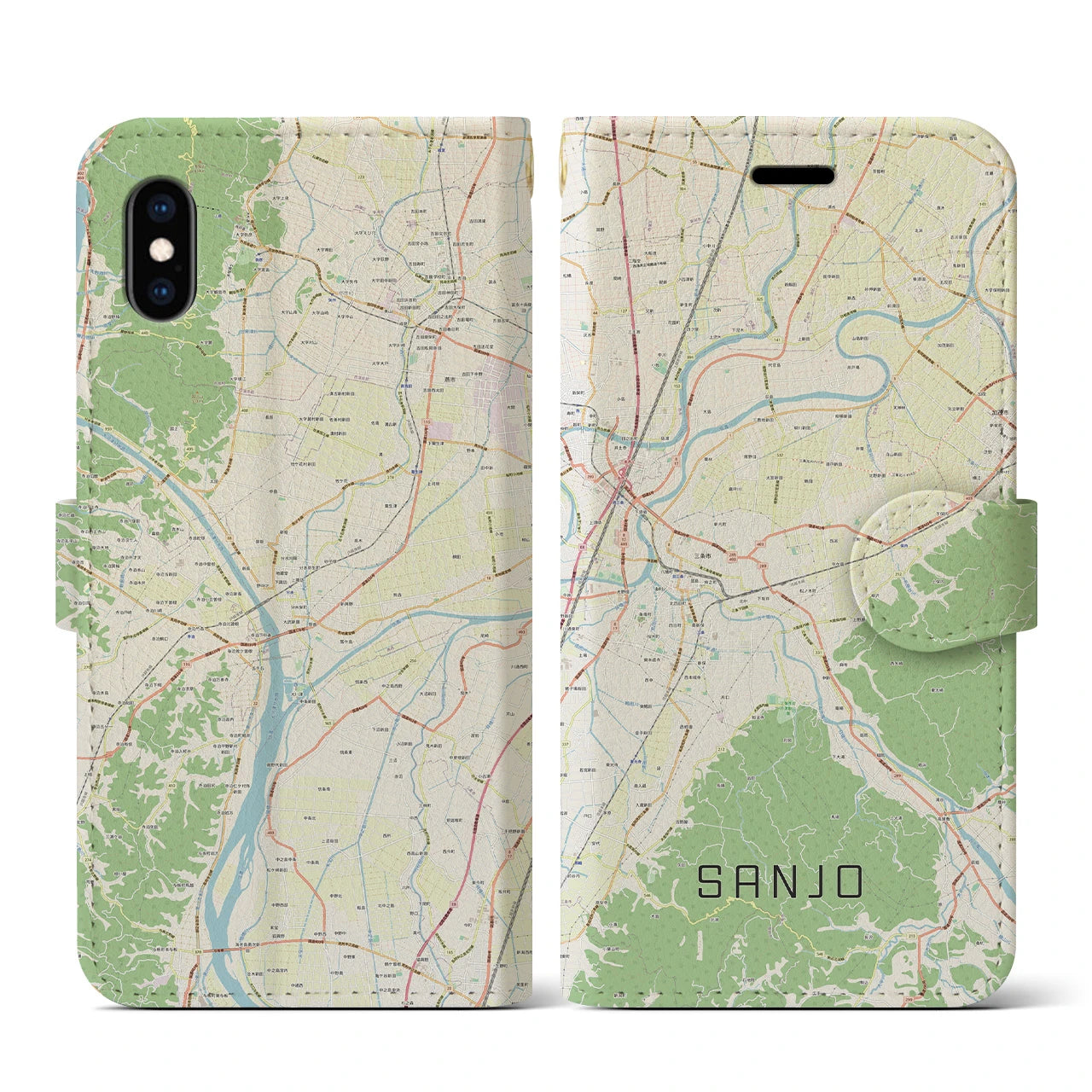 【三条（新潟県）】地図柄iPhoneケース（手帳両面タイプ・ナチュラル）iPhone XS / X 用