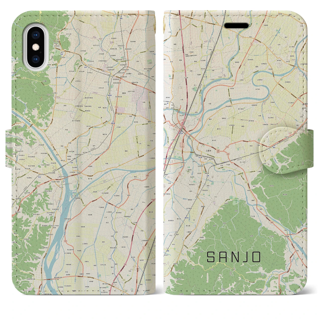 【三条（新潟県）】地図柄iPhoneケース（手帳両面タイプ・ナチュラル）iPhone XS Max 用