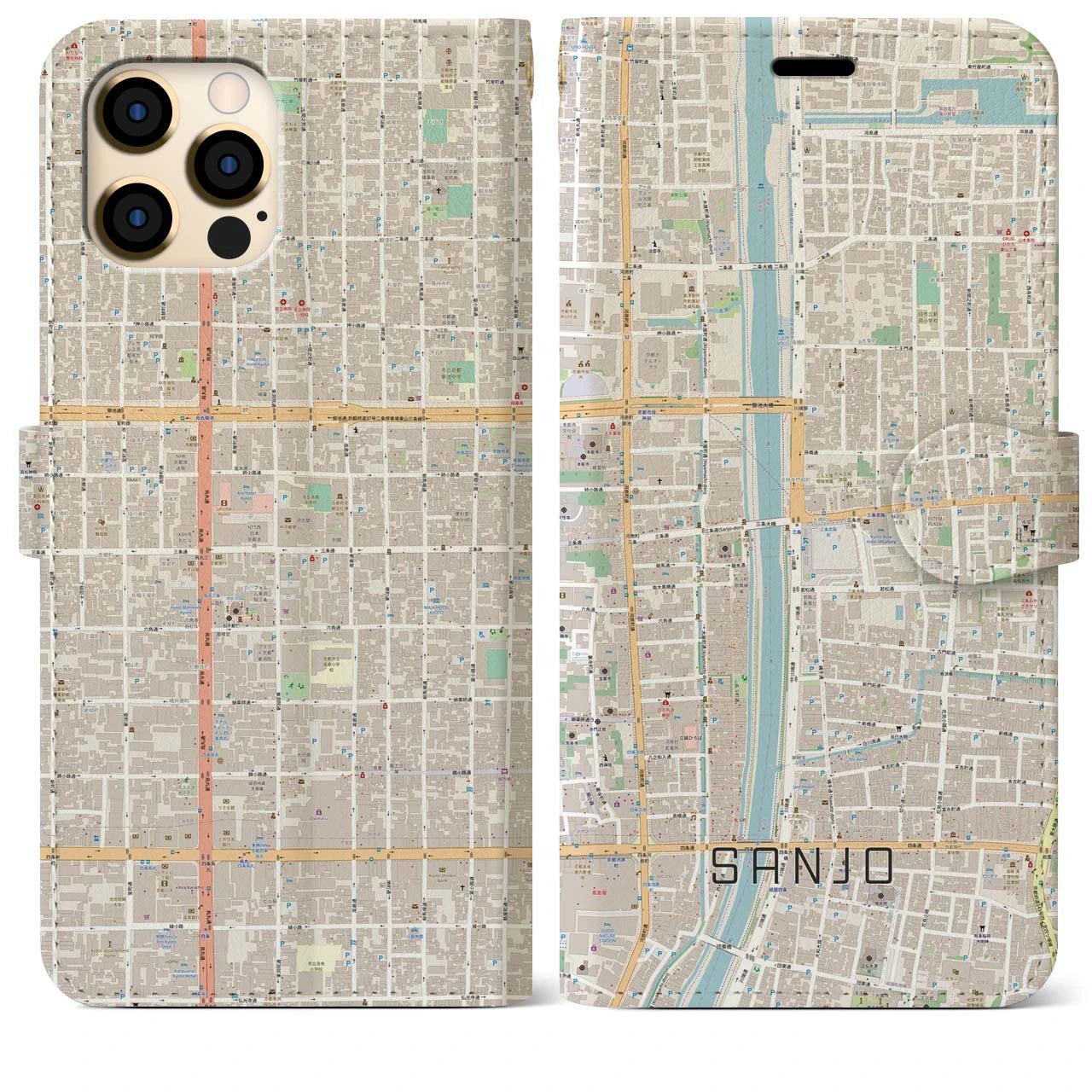 【三条】地図柄iPhoneケース（手帳両面タイプ・ナチュラル）iPhone 12 Pro Max 用