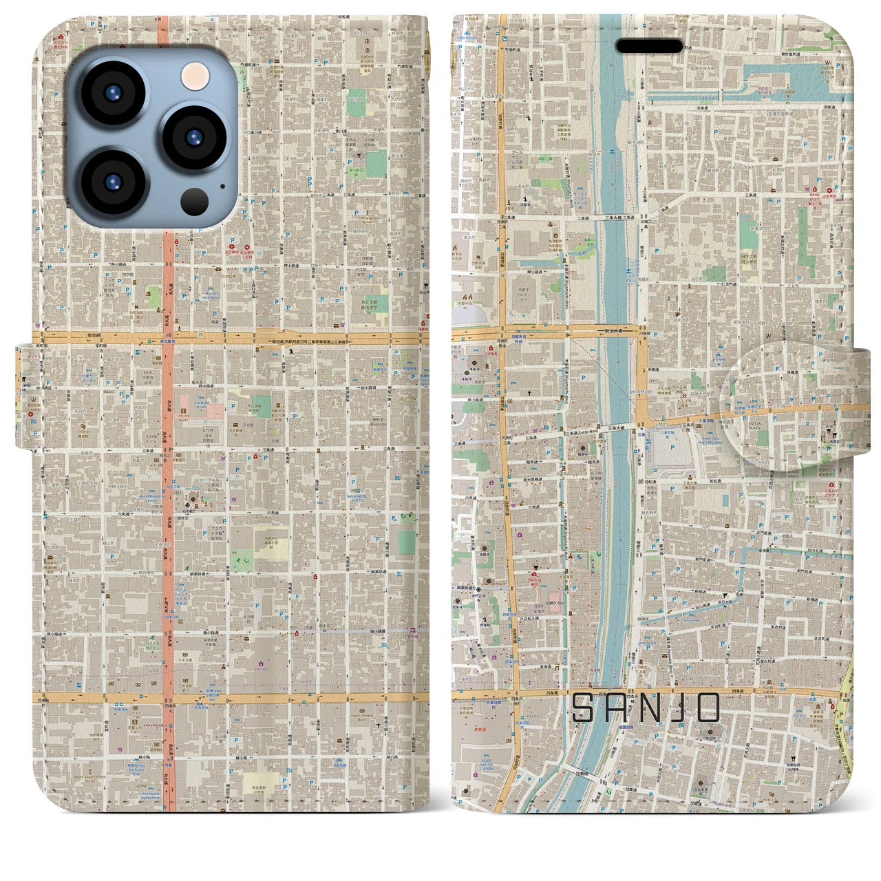 【三条】地図柄iPhoneケース（手帳両面タイプ・ナチュラル）iPhone 13 Pro Max 用