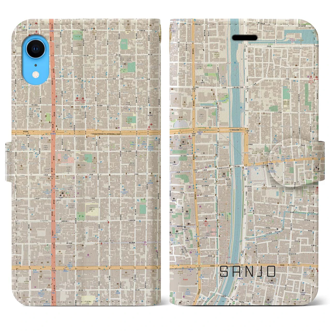 【三条】地図柄iPhoneケース（手帳両面タイプ・ナチュラル）iPhone XR 用