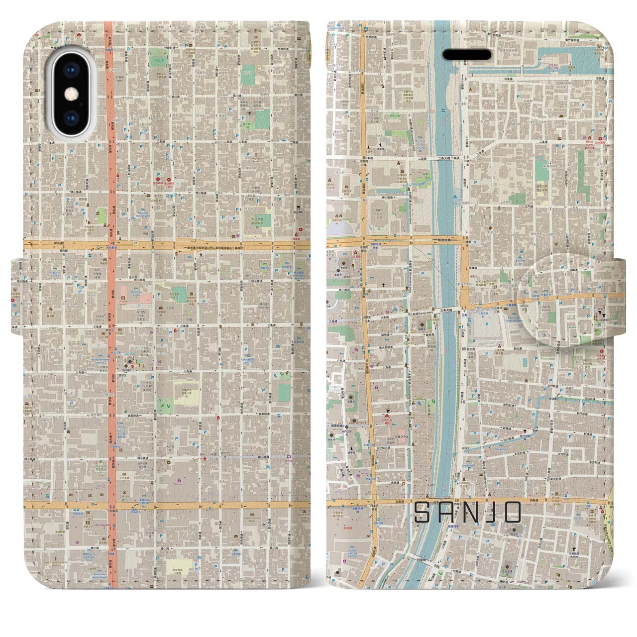 【三条】地図柄iPhoneケース（手帳両面タイプ・ナチュラル）iPhone XS Max 用