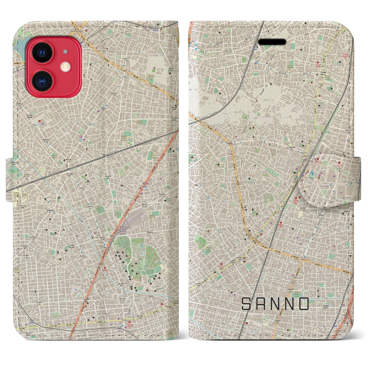 【山王】地図柄iPhoneケース（手帳両面タイプ・ナチュラル）iPhone 11 用