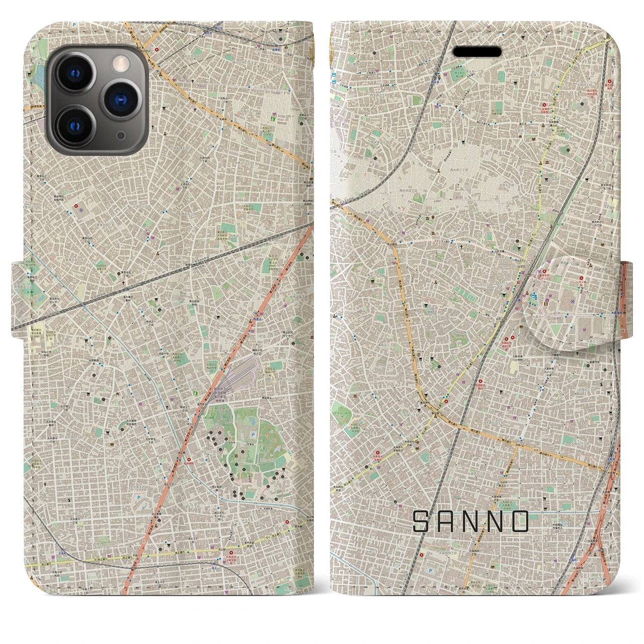 【山王】地図柄iPhoneケース（手帳両面タイプ・ナチュラル）iPhone 11 Pro Max 用