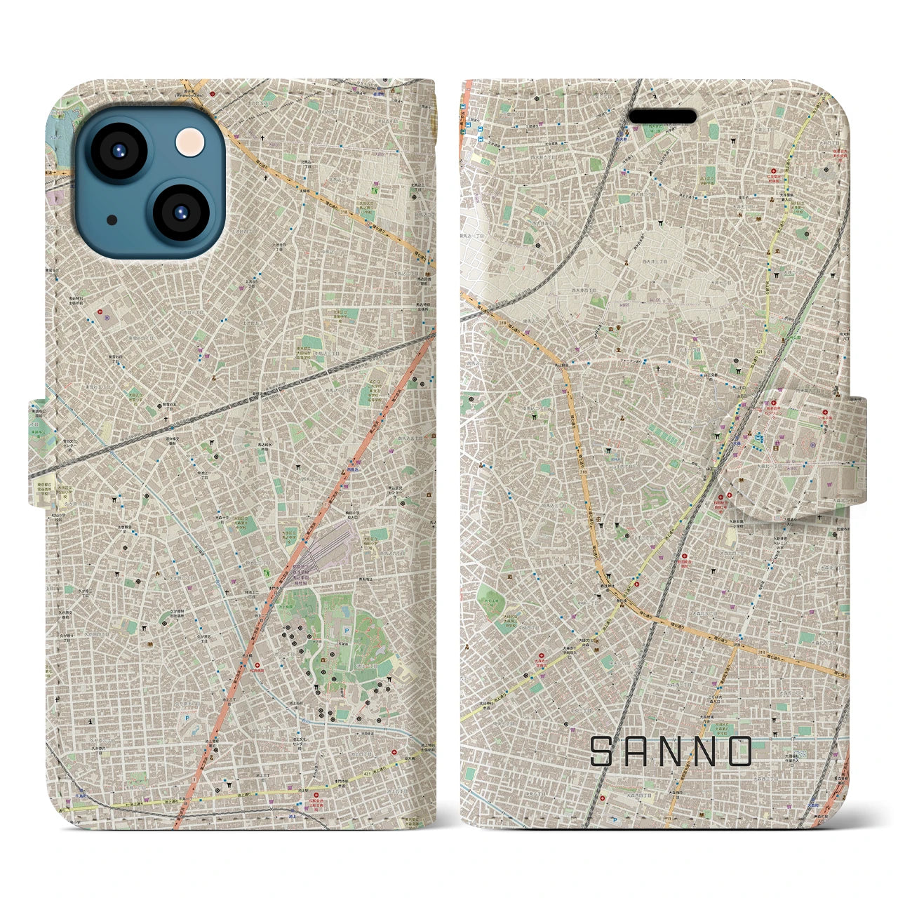【山王】地図柄iPhoneケース（手帳両面タイプ・ナチュラル）iPhone 13 用