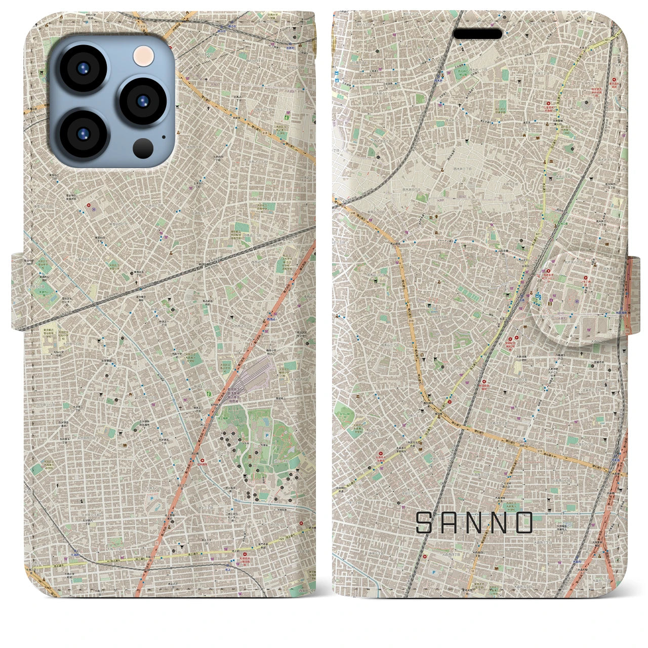 【山王】地図柄iPhoneケース（手帳両面タイプ・ナチュラル）iPhone 13 Pro Max 用