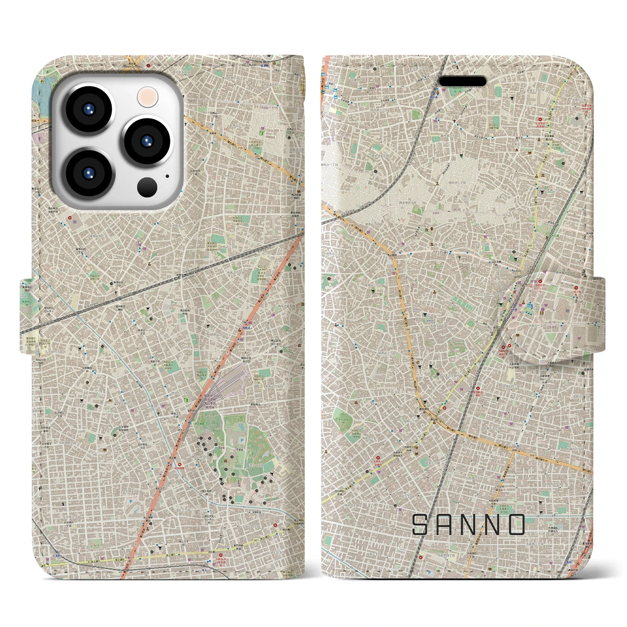 【山王】地図柄iPhoneケース（手帳両面タイプ・ナチュラル）iPhone 13 Pro 用