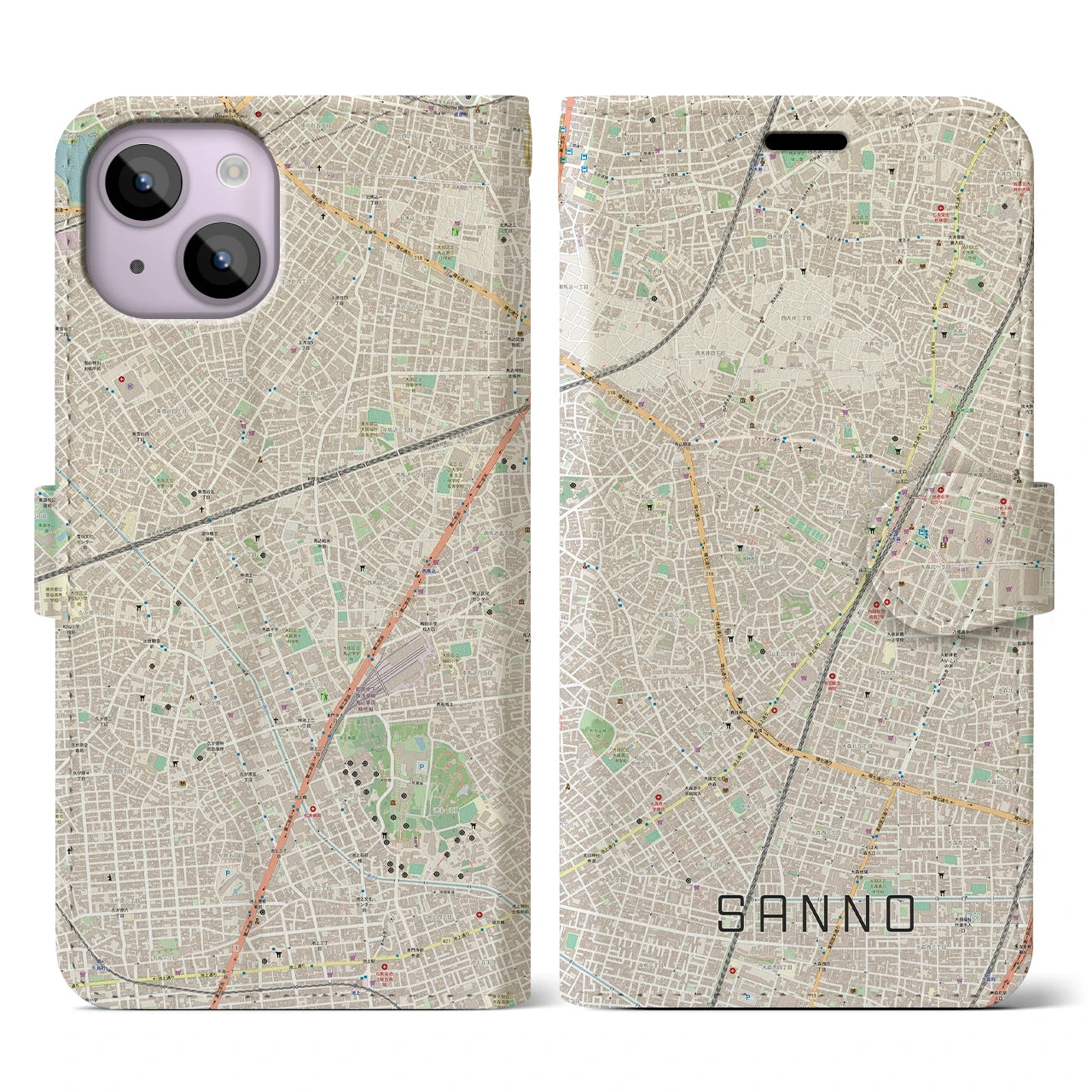 【山王】地図柄iPhoneケース（手帳両面タイプ・ナチュラル）iPhone 14 用