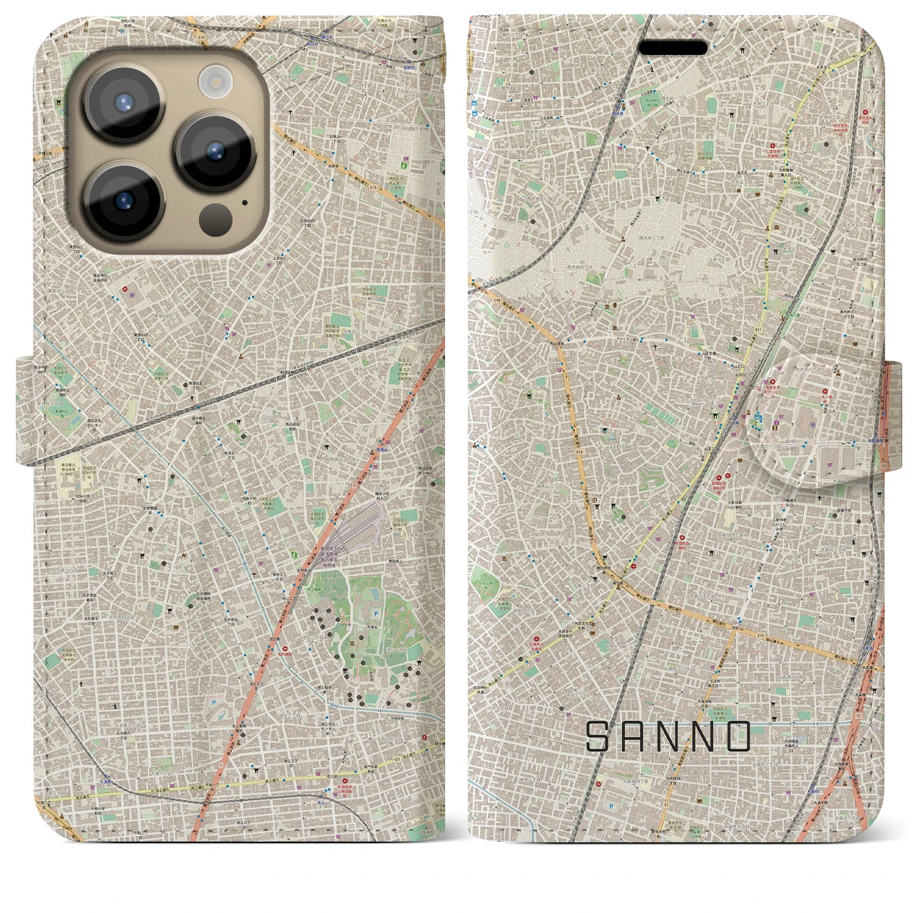 【山王】地図柄iPhoneケース（手帳両面タイプ・ナチュラル）iPhone 14 Pro Max 用