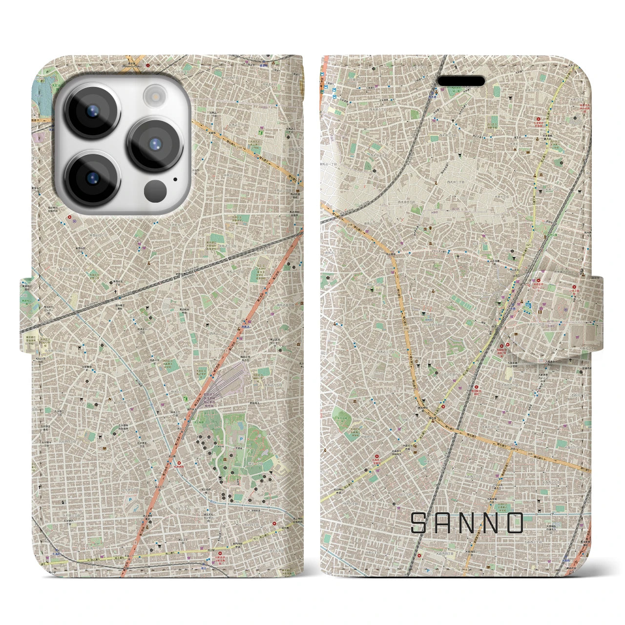 【山王】地図柄iPhoneケース（手帳両面タイプ・ナチュラル）iPhone 14 Pro 用