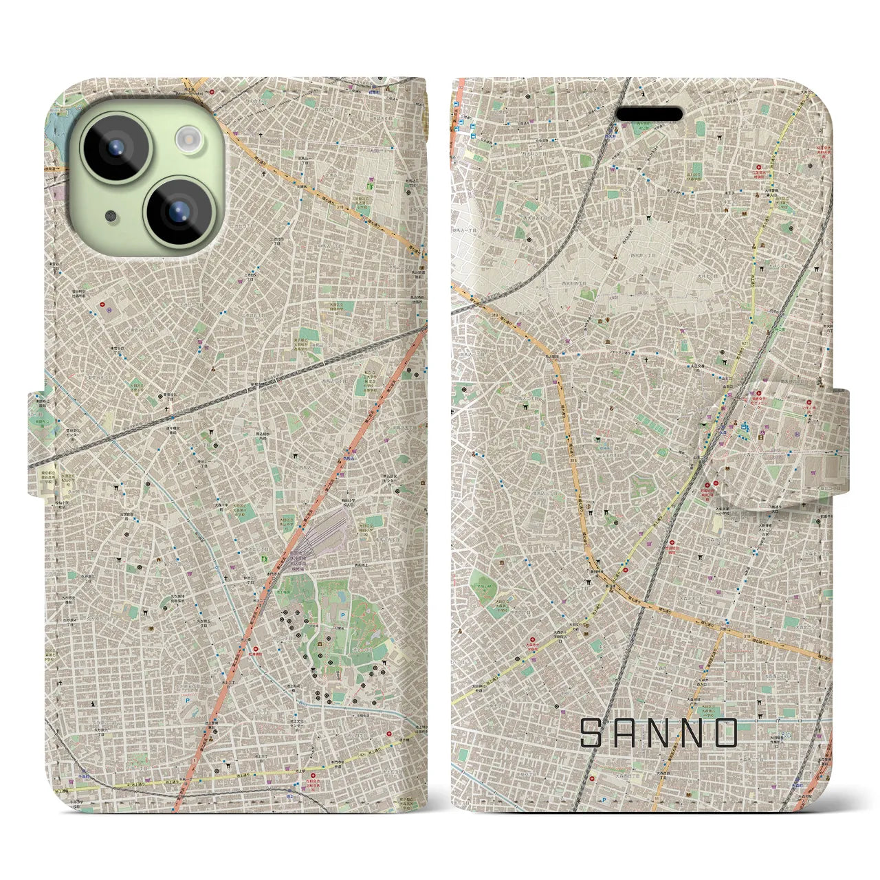 【山王】地図柄iPhoneケース（手帳両面タイプ・ナチュラル）iPhone 15 用