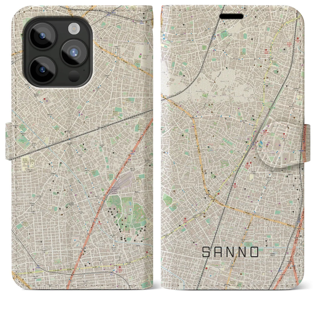 【山王】地図柄iPhoneケース（手帳両面タイプ・ナチュラル）iPhone 15 Pro Max 用