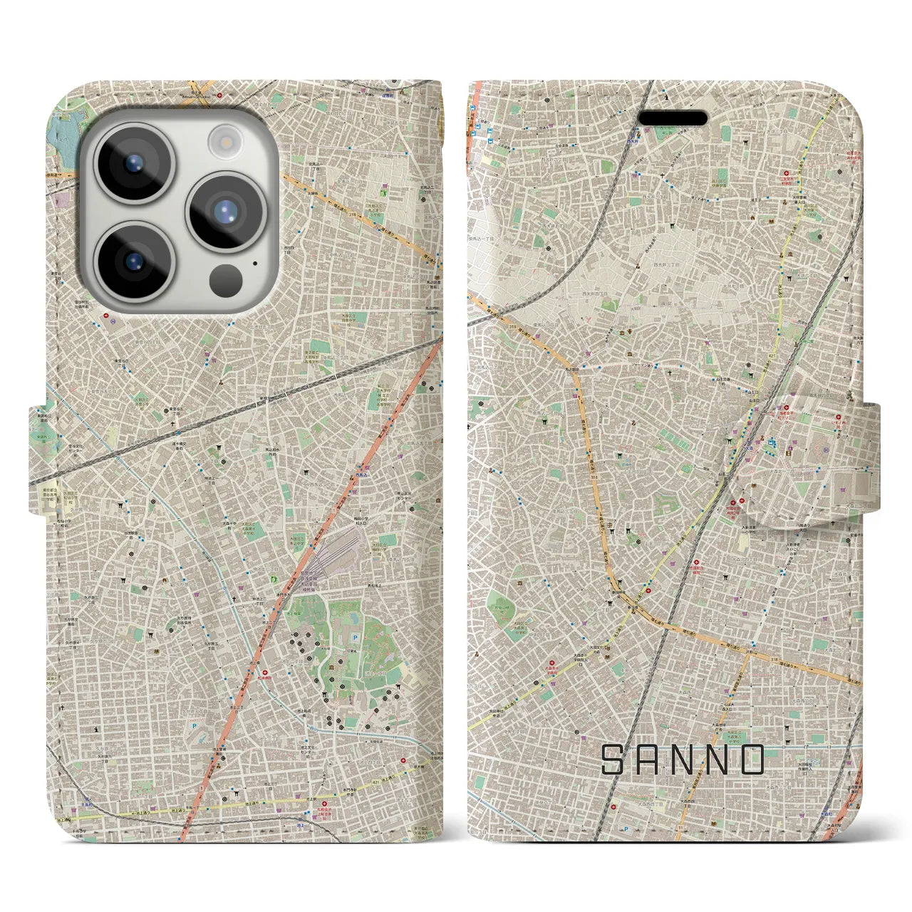 【山王】地図柄iPhoneケース（手帳両面タイプ・ナチュラル）iPhone 15 Pro 用