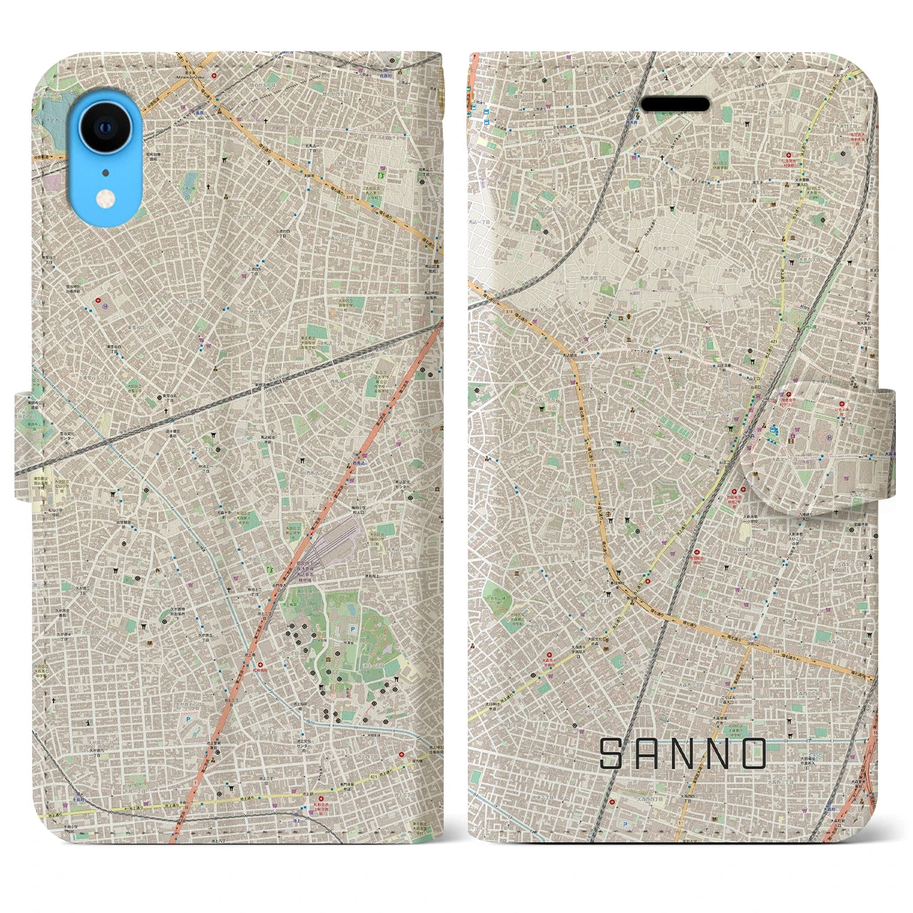 【山王】地図柄iPhoneケース（手帳両面タイプ・ナチュラル）iPhone XR 用