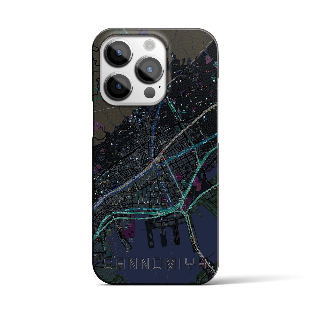 【三宮】地図柄iPhoneケース（バックカバータイプ・ブラック）iPhone 14 Pro 用