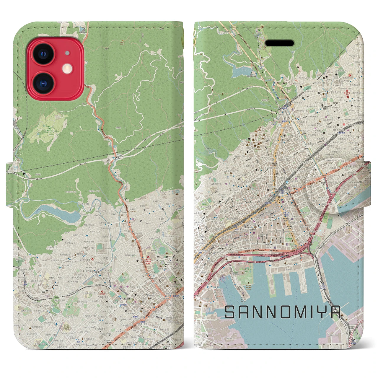 【三宮】地図柄iPhoneケース（手帳両面タイプ・ナチュラル）iPhone 11 用