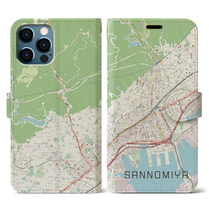 【三宮（兵庫県）】地図柄iPhoneケース（手帳タイプ）ナチュラル・iPhone 12 / 12 Pro 用