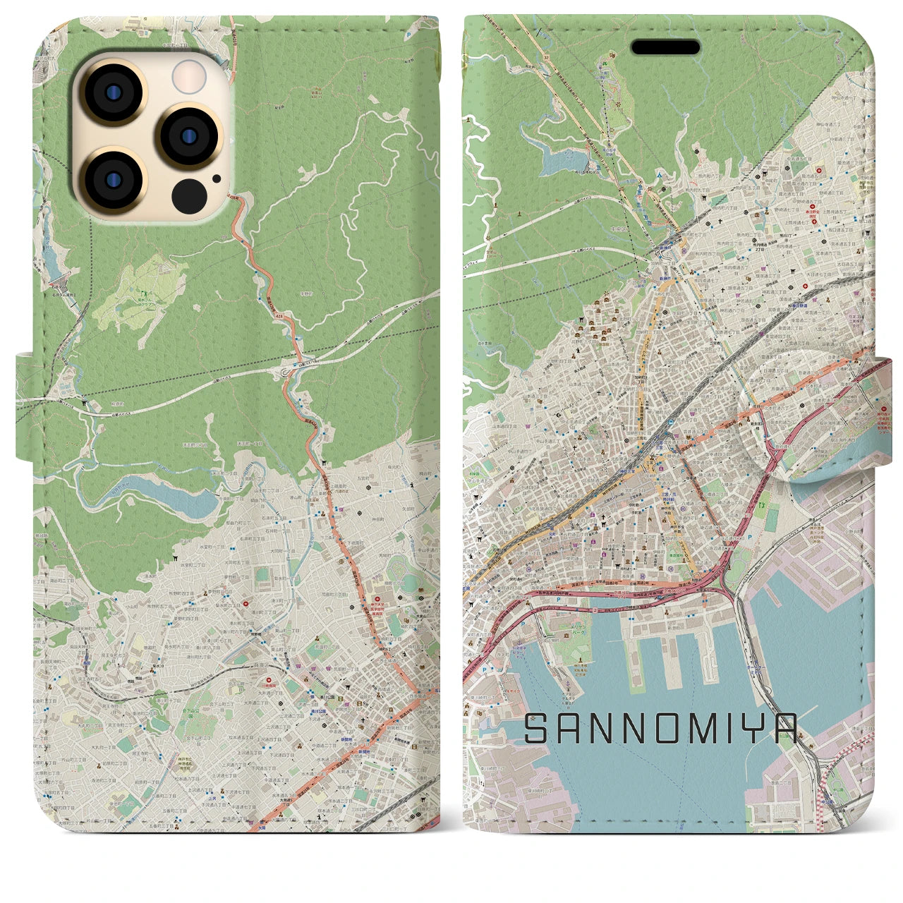 【三宮】地図柄iPhoneケース（手帳両面タイプ・ナチュラル）iPhone 12 Pro Max 用