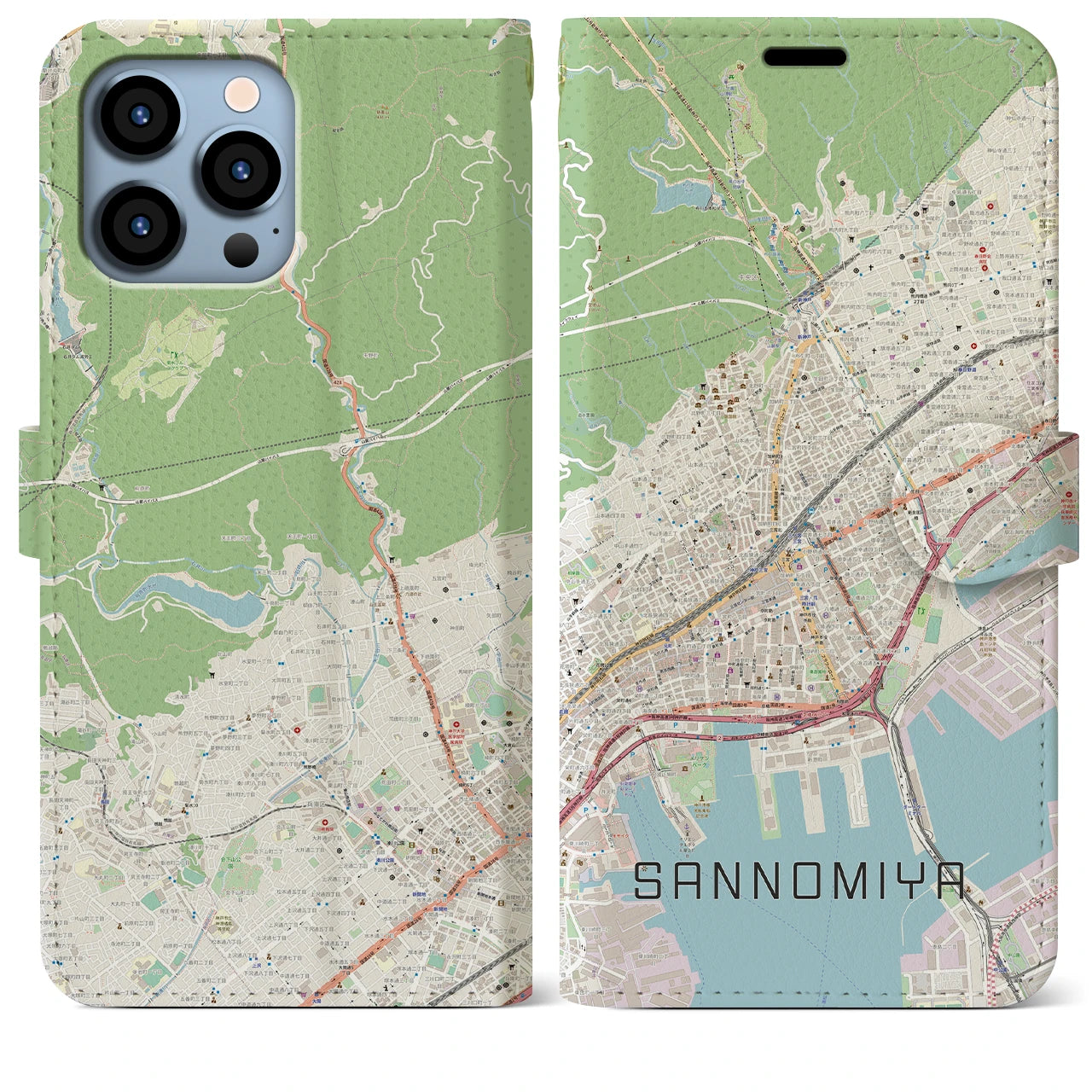 【三宮】地図柄iPhoneケース（手帳両面タイプ・ナチュラル）iPhone 13 Pro Max 用