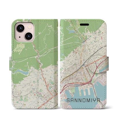 【三宮（兵庫県）】地図柄iPhoneケース（手帳タイプ）ナチュラル・iPhone 13 mini 用