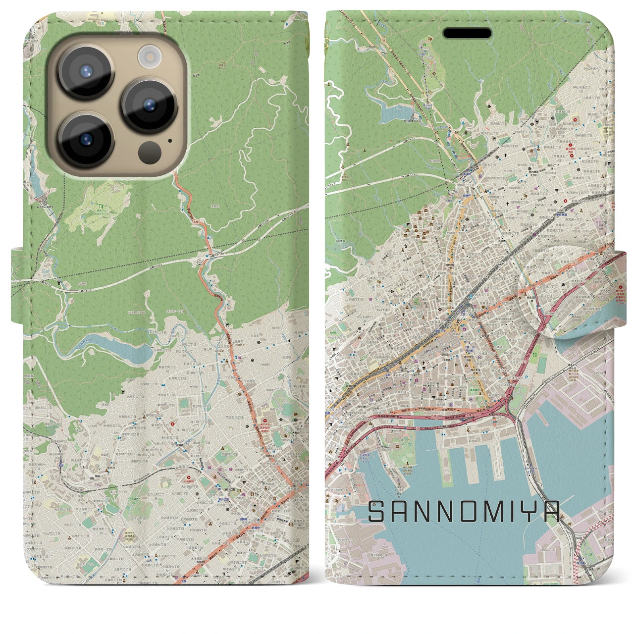 【三宮】地図柄iPhoneケース（手帳両面タイプ・ナチュラル）iPhone 14 Pro Max 用