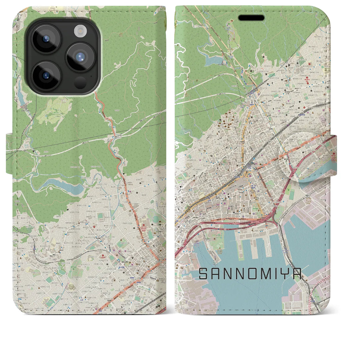 【三宮】地図柄iPhoneケース（手帳両面タイプ・ナチュラル）iPhone 15 Pro Max 用