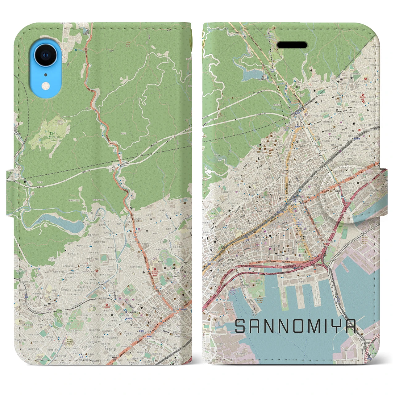 【三宮】地図柄iPhoneケース（手帳両面タイプ・ナチュラル）iPhone XR 用