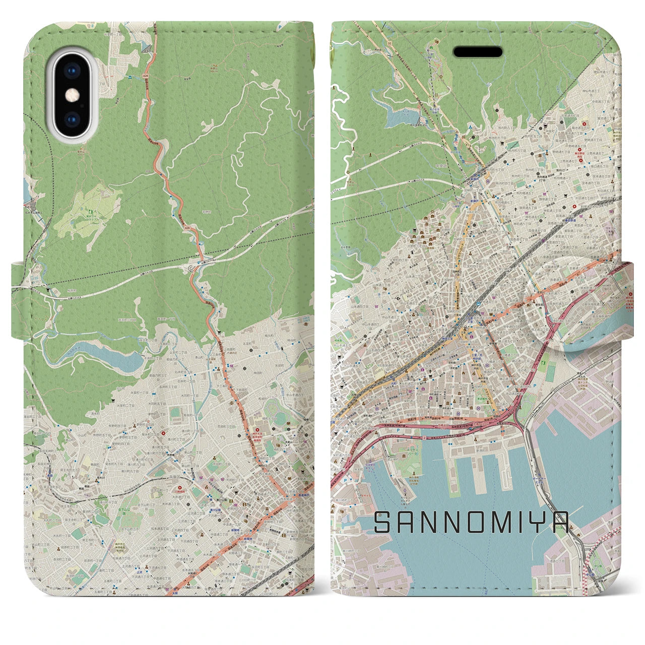 【三宮】地図柄iPhoneケース（手帳両面タイプ・ナチュラル）iPhone XS Max 用