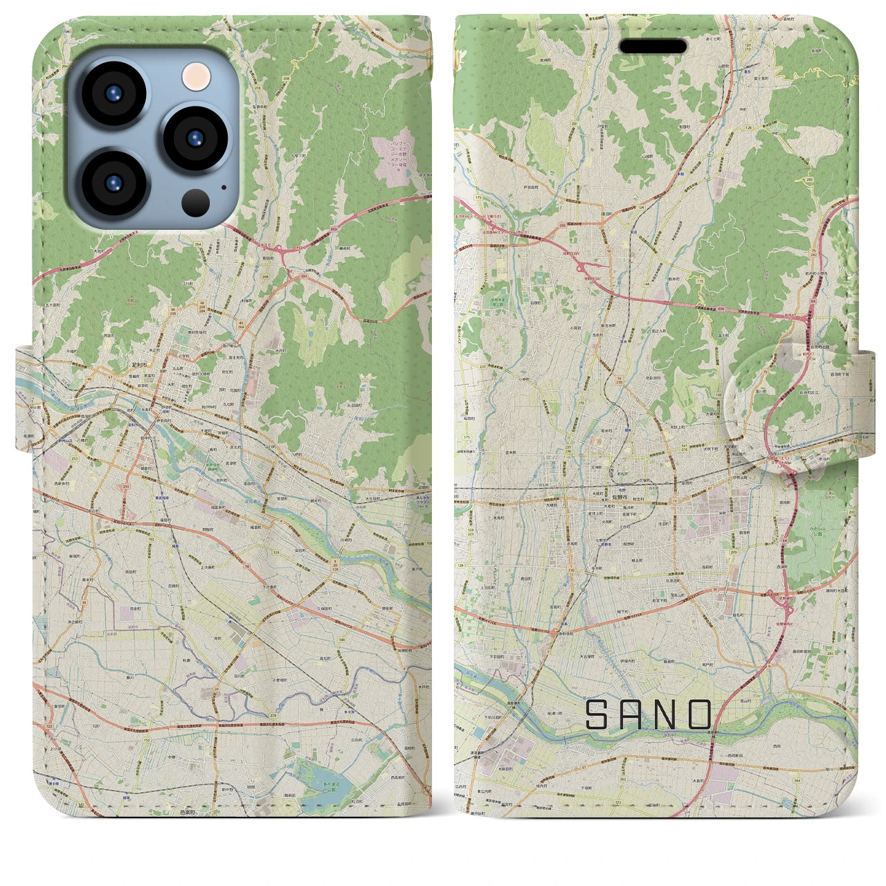 【佐野】地図柄iPhoneケース（手帳両面タイプ・ナチュラル）iPhone 13 Pro Max 用