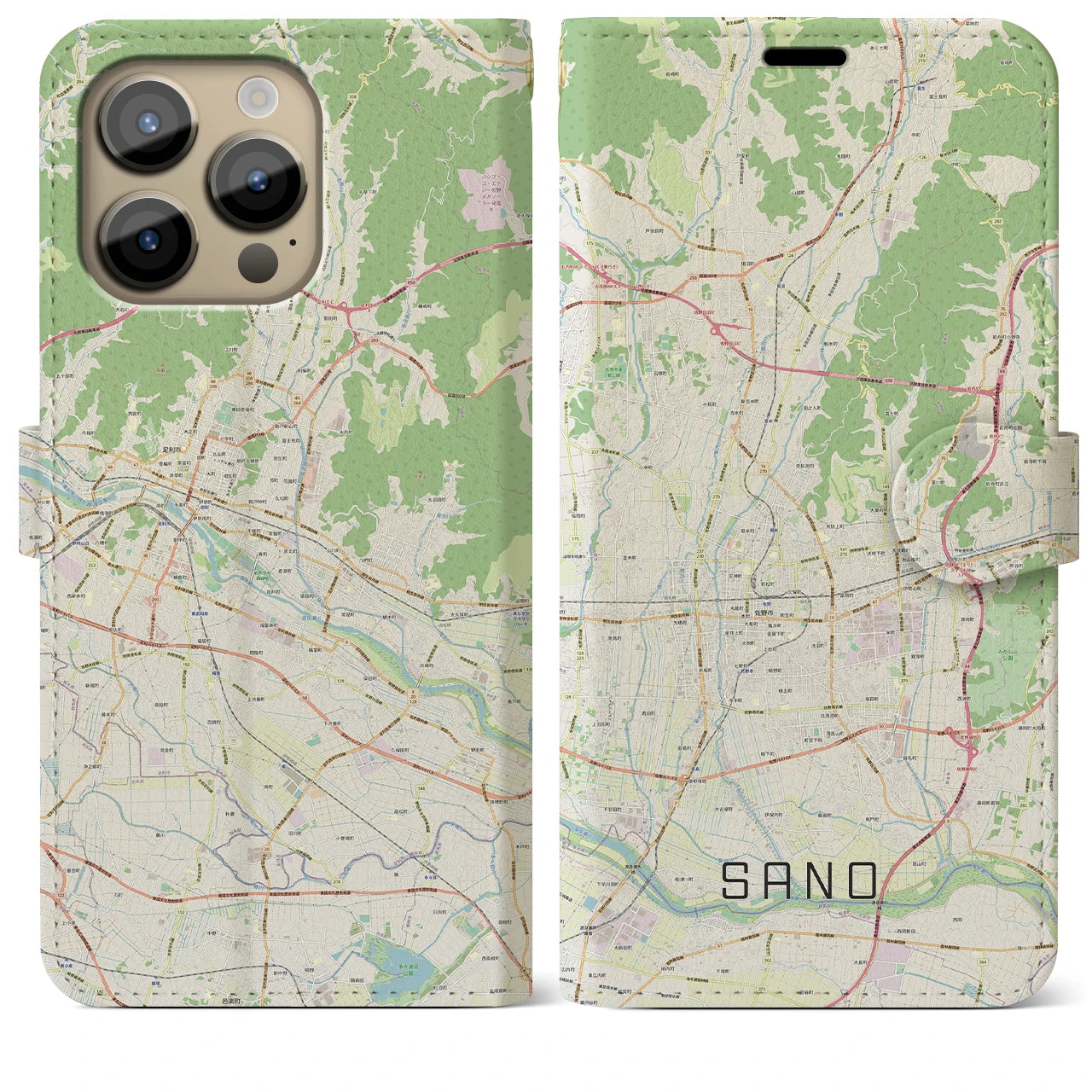 【佐野】地図柄iPhoneケース（手帳両面タイプ・ナチュラル）iPhone 14 Pro Max 用