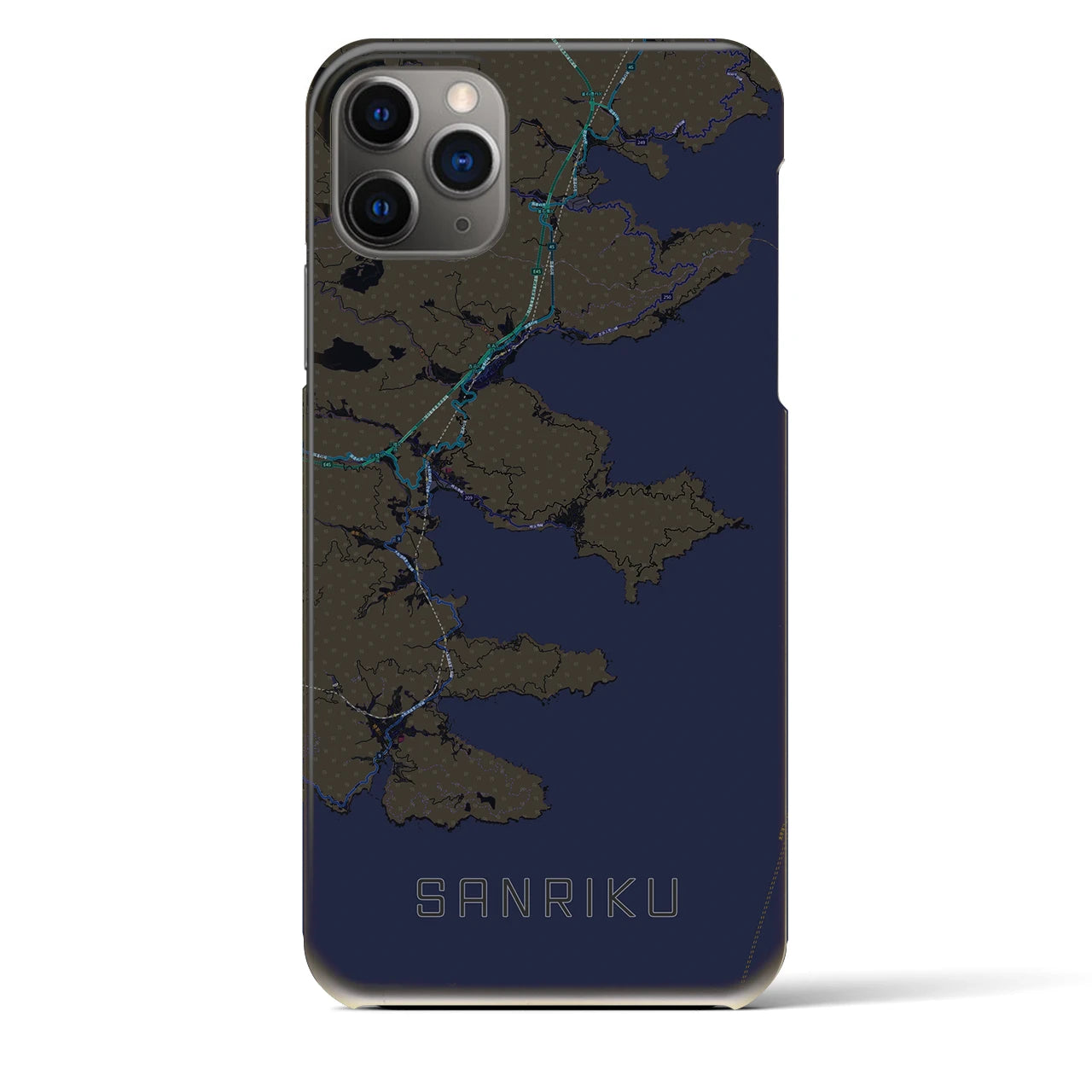 【三陸】地図柄iPhoneケース（バックカバータイプ・ブラック）iPhone 11 Pro Max 用