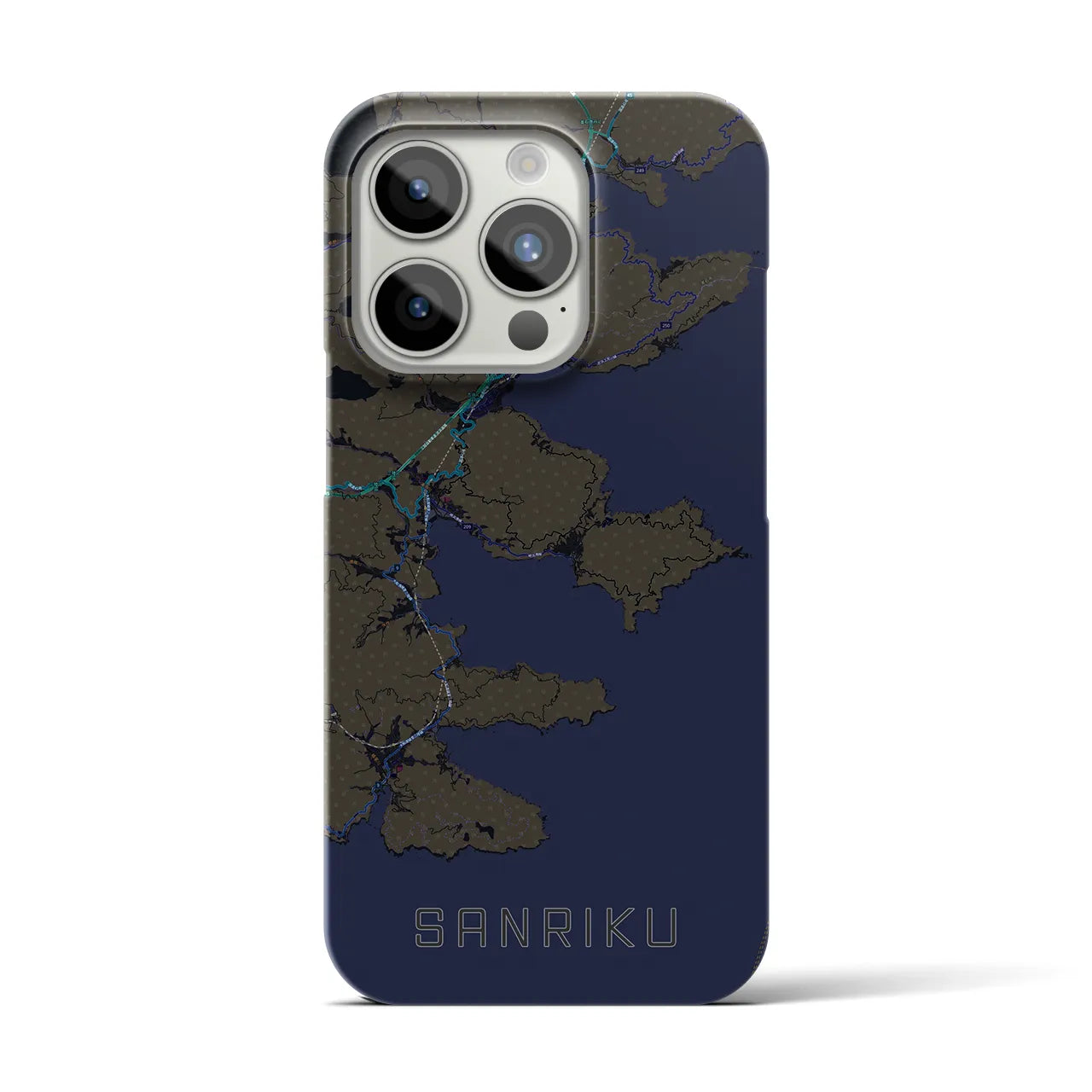 【三陸】地図柄iPhoneケース（バックカバータイプ・ブラック）iPhone 15 Pro 用